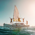 white boat with people having fun and jumping to the water